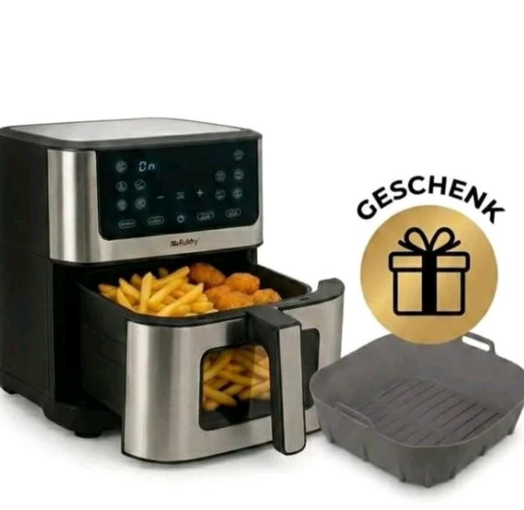 RUHHY XXL Heißluftfritteuse 8L mit Sichtfenster – 1800W Airfryer Schwarz-Silber Die RUHHY Heißluftfritteuse mit großzügigen 8 Litern Fassungsvermögen ist die perfekte Lösung für alle, die gesunde und knusprige Speisen lieben. Dank modernster Heißluftzirku