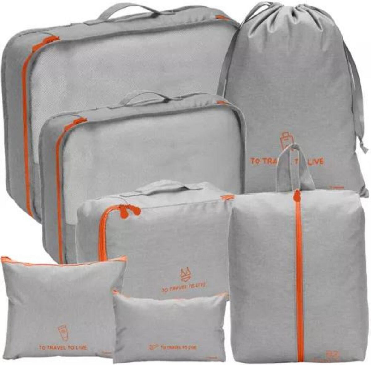 7-teiliges Koffer Organizer Set – Smarte Packwürfel & Reisetaschen Grau-Orange Schluss mit dem Chaos im Koffer! Dieses 7-teilige Organizer-Set ist der perfekte Begleiter für jede Reise. Ob Kleidung, Schuhe, Kosmetik oder Ladekabel – mit unseren Packwürfel