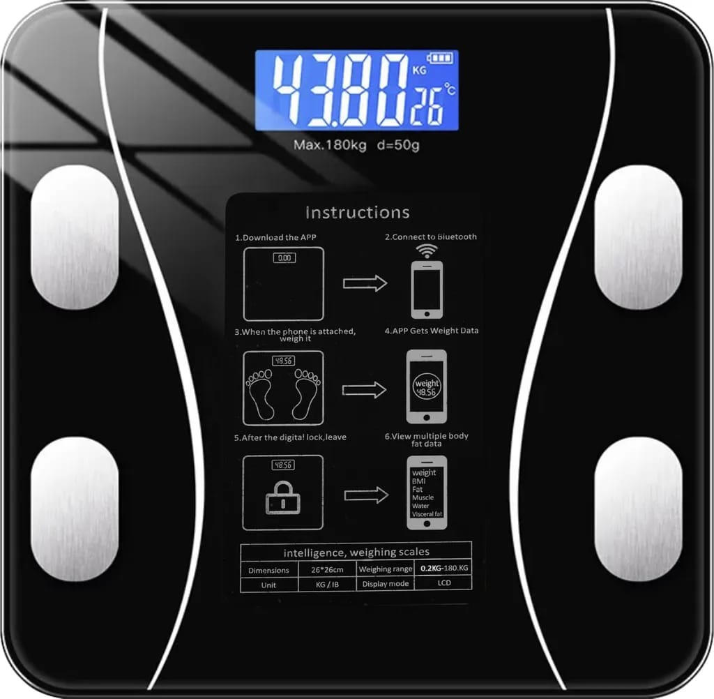 Smarte Bluetooth Personenwaage – 180kg Körperanalysewaage Schwarz Mehr als nur Gewicht messen! Diese smarte Personenwaage ist Ihr professioneller Begleiter für Fitness und Gesundheit. Mit der integrierten Bluetooth-Funktion und der kostenlosen App „OKOK I