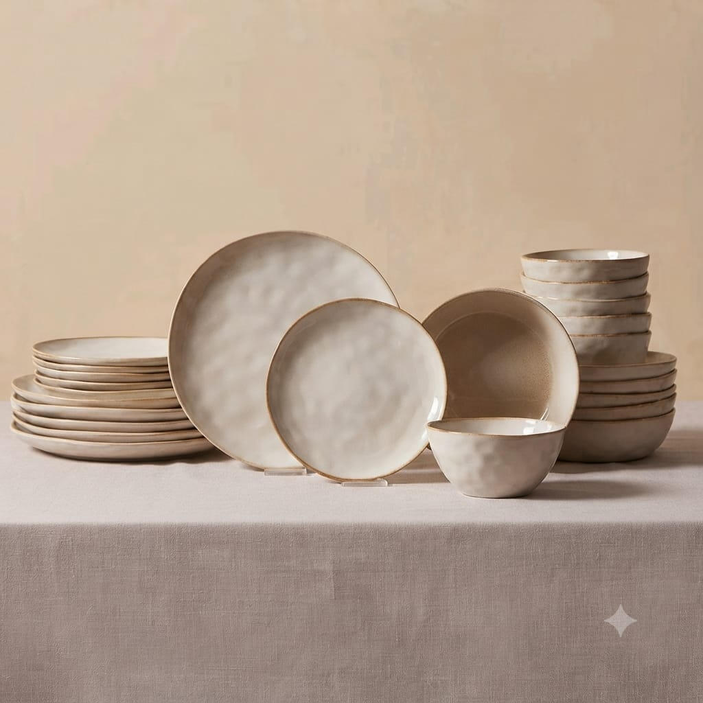 Verleihen Sie Ihrem Esstisch einen Hauch von modernem, handwerklichem Charme mit dem exklusiven 24-teiligen Geschirr-Set "Aria" von Karaca. Das Set besticht durch seine einzigartige, reaktive Glasur in einem warmen Beige-Ton, die jedes Teil zu einem Unikat